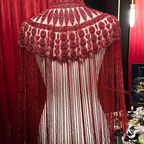 Red Fringe Cape, Rhinestone Beaded Shawl, Luxury Sequin Cape, Festival Outfit - Picture 4 of 13